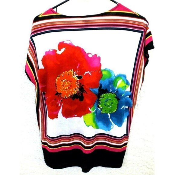 Rafaella S multi-color sleeveless slinky bordered flower print top office work - Picture 3 of 3